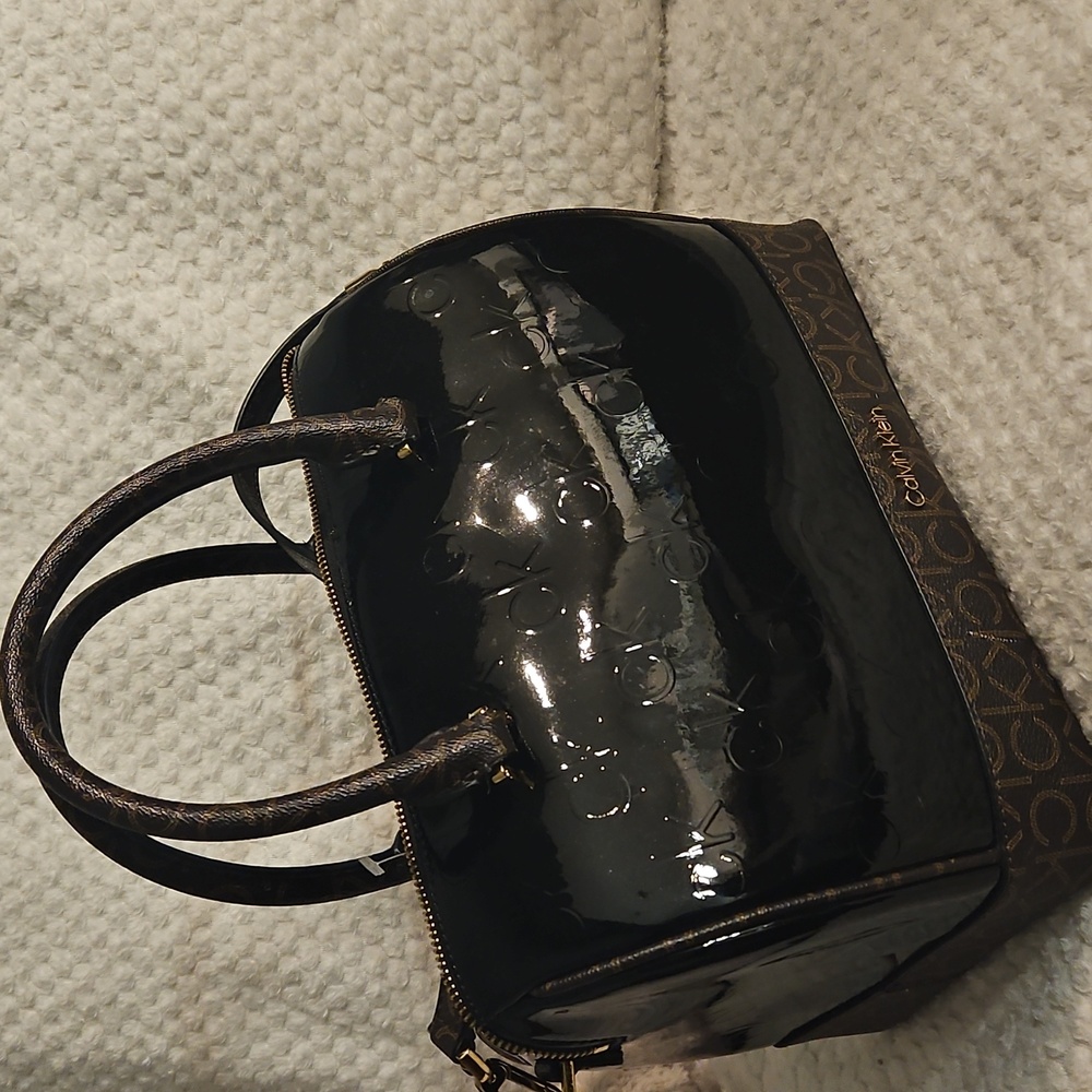 Calvin Klein Glossy Patent Leather Brand Monogram Brown Sachel - Picture 12 of 16